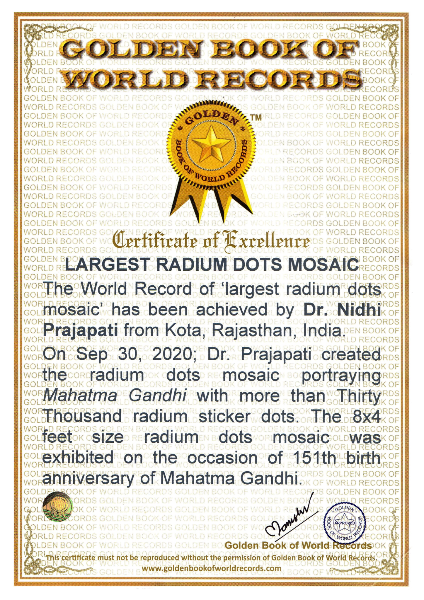 डॉ. निधि प्रजापति को गोल्डन बुक ऑफ वर्ल्ड रिकॉर्ड
